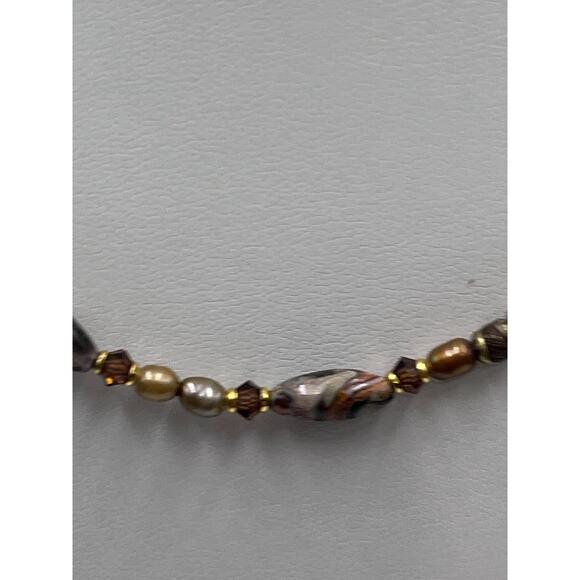Michal Golan Agate Brown Gray Neutral Single Strand Pearl Crystal Brass necklace - Picture 4 of 16